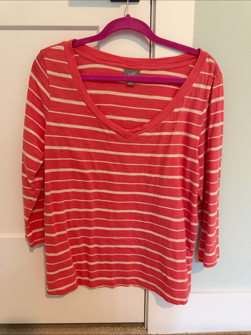 J. Jill Pink and Cream Stripe 3/4 Sleeve Relaxed Soft Cotton Tee Size Large